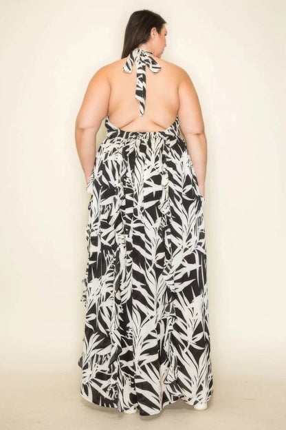 Crinkle Satin Printed Halter Ruffled Detail Smocked Waist Slit Frt Maxi Dress - LLR Chic