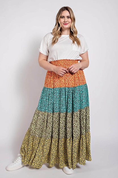 Ditsy floral color block skirt with front slit - LLR Chic