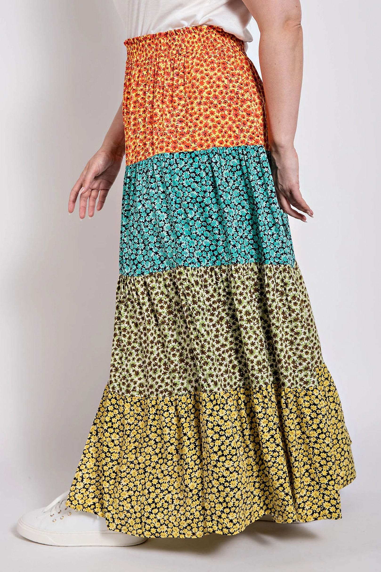 Ditsy floral color block skirt with front slit - LLR Chic