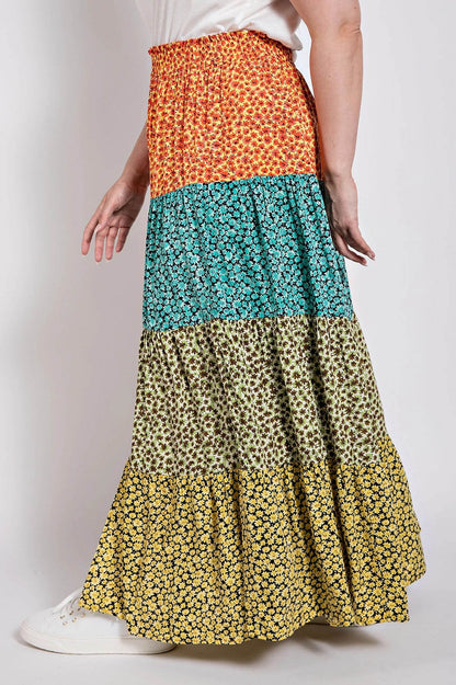 Ditsy floral color block skirt with front slit - LLR Chic