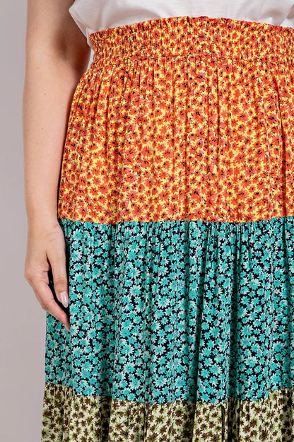Ditsy floral color block skirt with front slit - LLR Chic