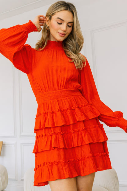 Long Sleeve Smocked Neck Tiered Ruffle Mini Dress