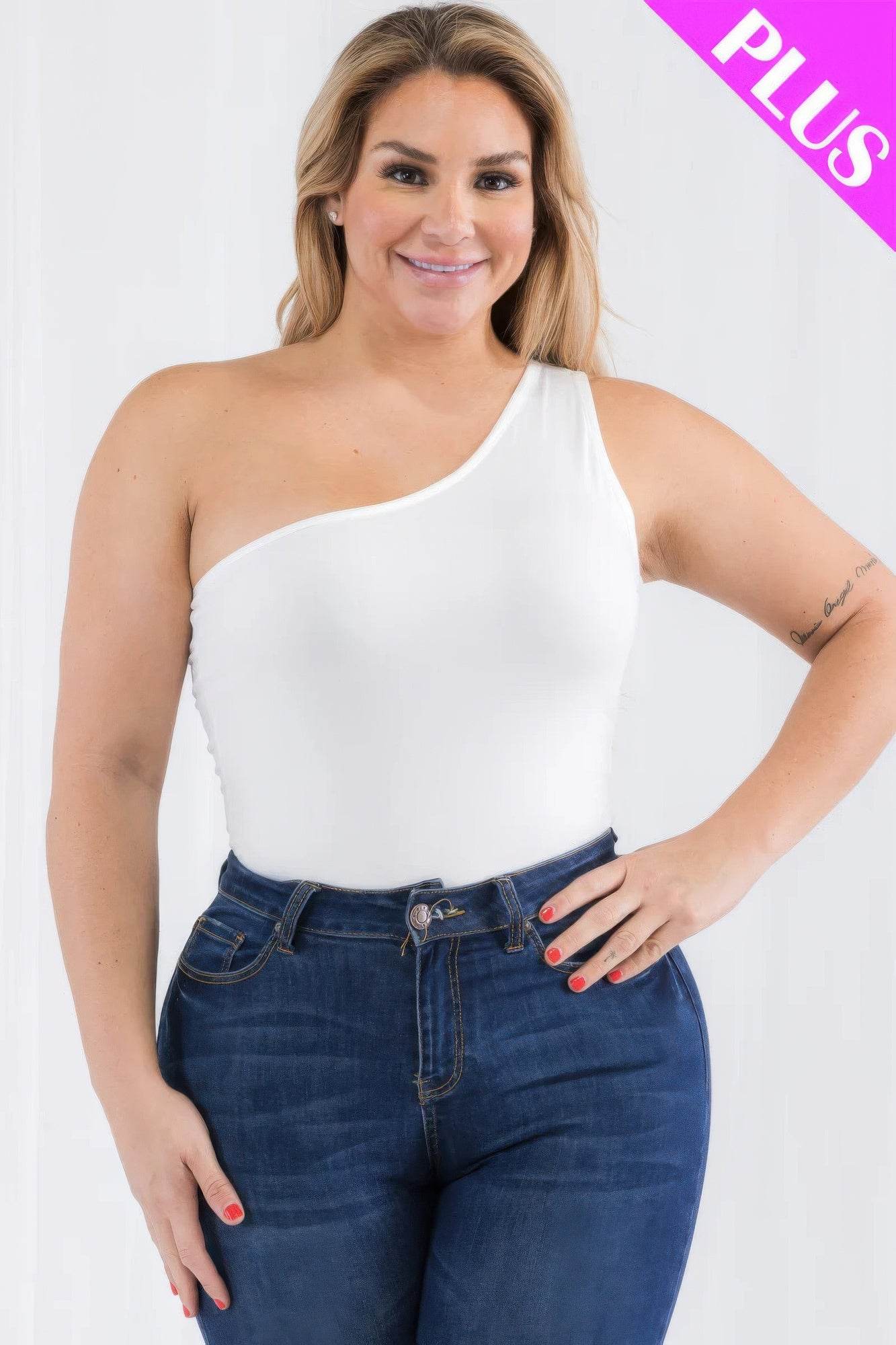Plus size one shoulder solid casual bodysuit - LLR Chic