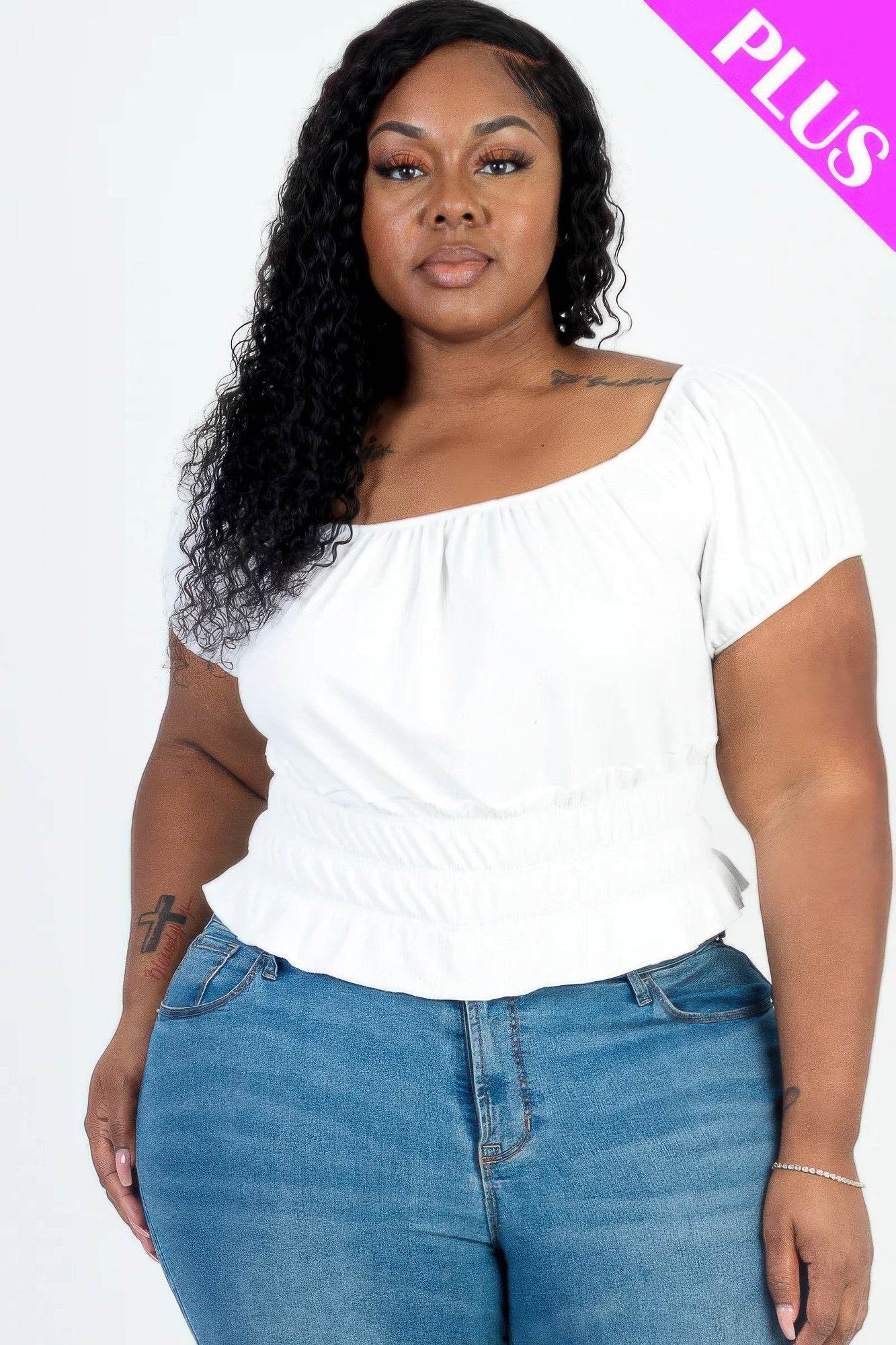 Plus size casual ruched puff sleeve ribbed knit solid top - LLR Chic