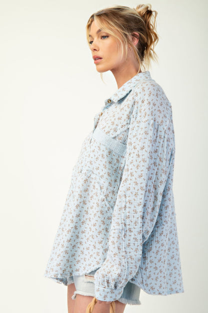 Printed cotton gauze button down woven shirt