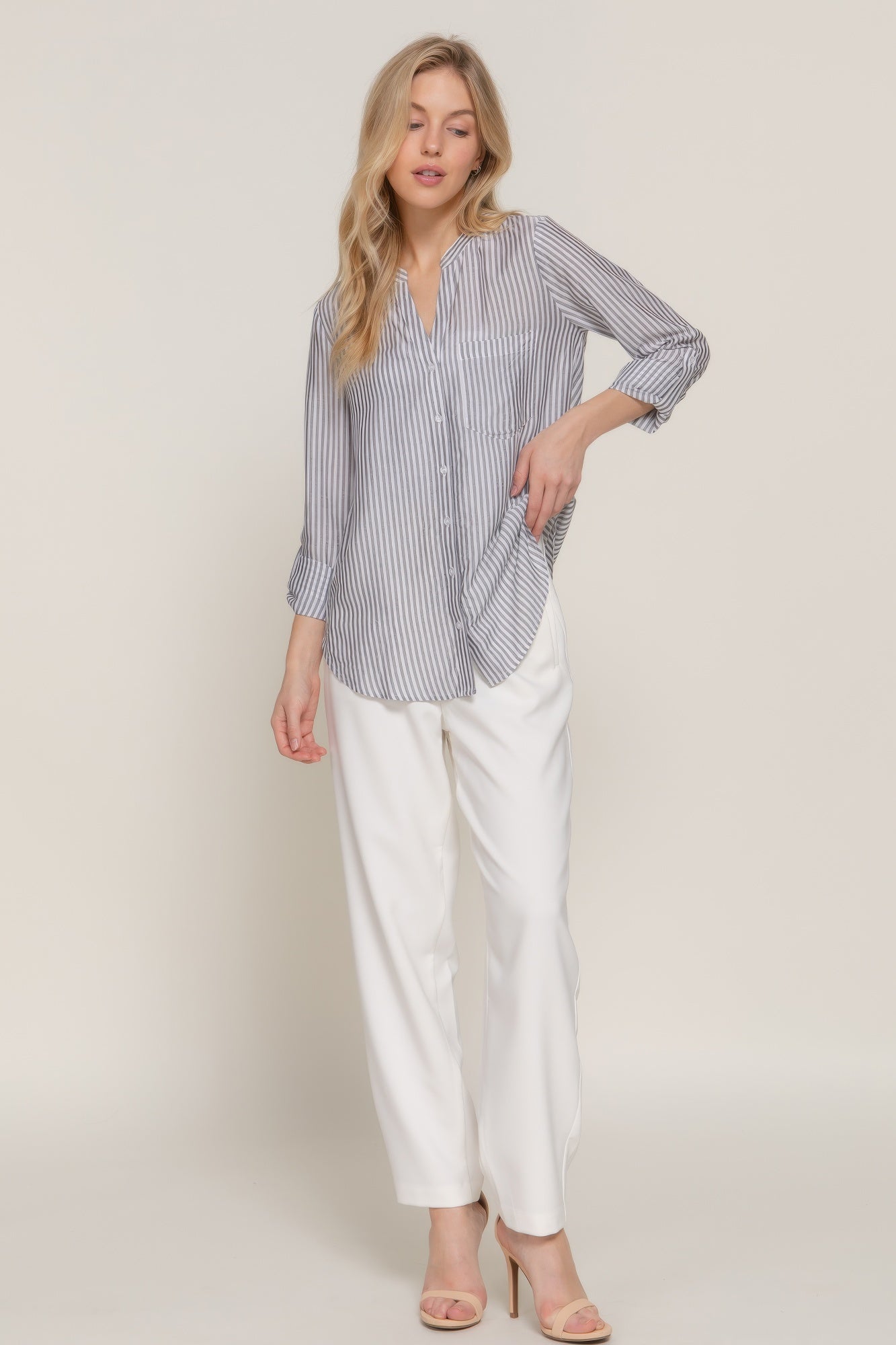 Long Slv Split Round Neck Stripe Woven Shirt