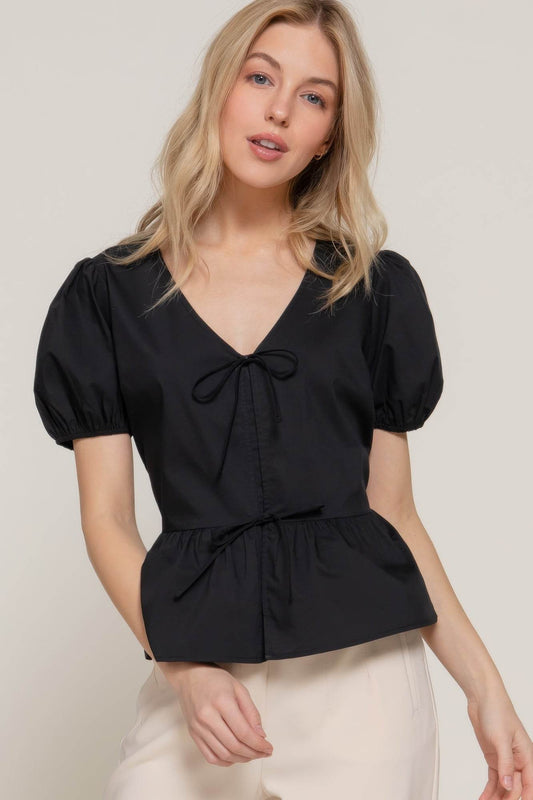 Short Puff Slv Tied Popline Top - LLR Chic