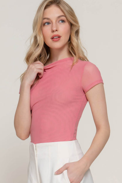 Short Cap Slv High Neck 2 Ply Mesh Top - LLR Chic