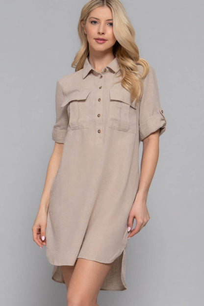 Roll Up Short Slv Straight Linen Effect Mini Dress - LLR Chic