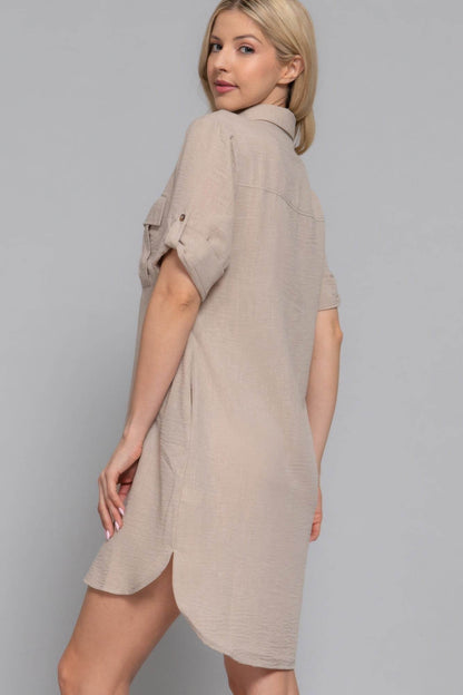 Roll Up Short Slv Straight Linen Effect Mini Dress - LLR Chic