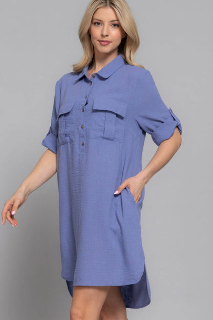 Roll Up Short Slv Straight Linen Effect Mini Dress - LLR Chic