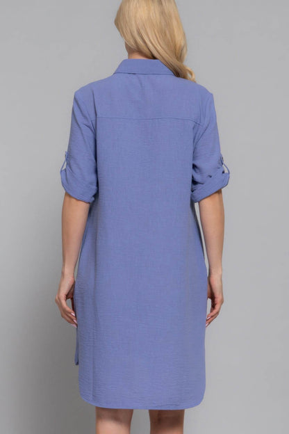 Roll Up Short Slv Straight Linen Effect Mini Dress - LLR Chic