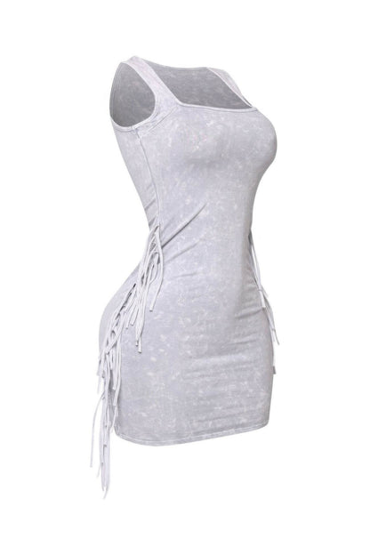 Mineral Washed Side Fringe Mini Dress - LLR Chic