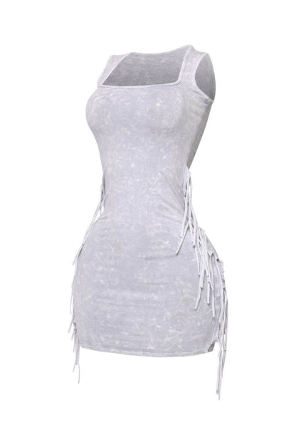 Mineral Washed Side Fringe Mini Dress - LLR Chic