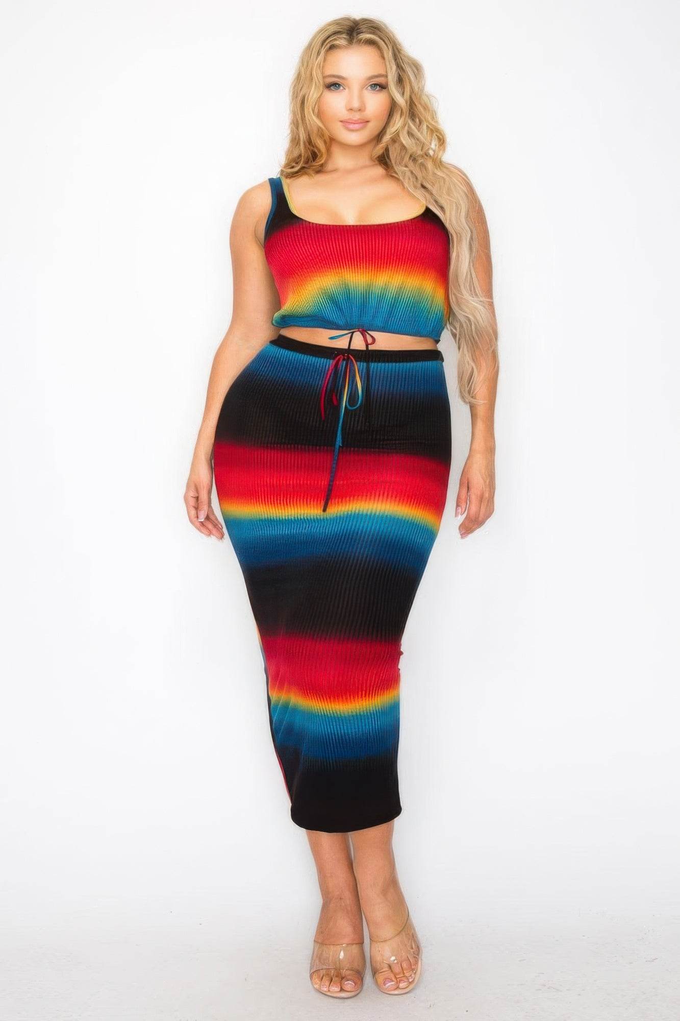Plus Sleeveless Tie Dye Stripe 2 Piece Skirt Set - LLR Chic
