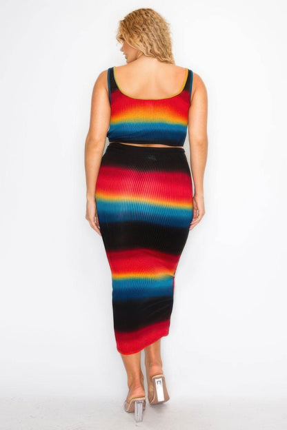 Plus Sleeveless Tie Dye Stripe 2 Piece Skirt Set - LLR Chic