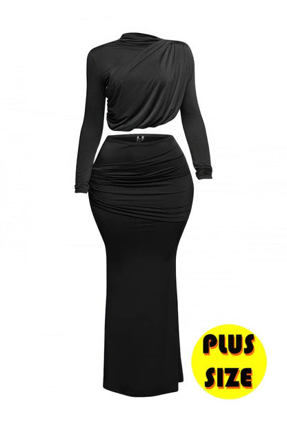 Plus Size Shirring Detailed Top & Long Skirt Set - LLR Chic
