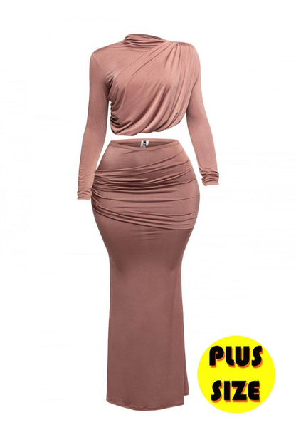 Plus Size Shirring Detailed Top & Long Skirt Set - LLR Chic