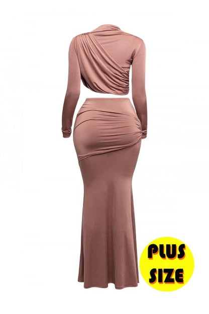 Plus Size Shirring Detailed Top & Long Skirt Set - LLR Chic