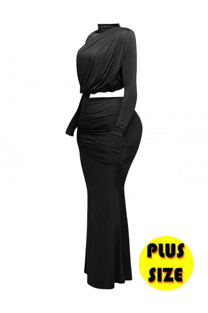 Plus Size Shirring Detailed Top & Long Skirt Set - LLR Chic