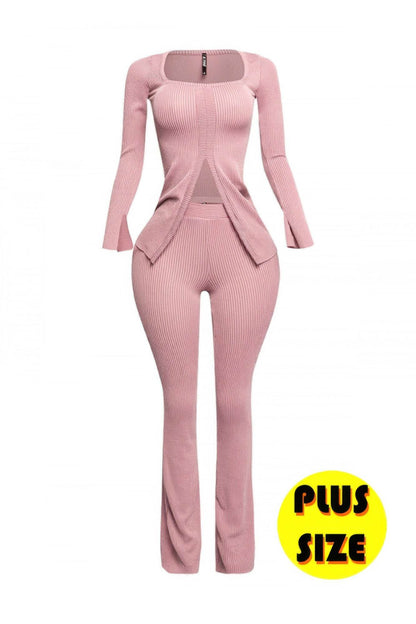 Plus Size Ribbed Pant Set With Slit Detail - LLR Chic