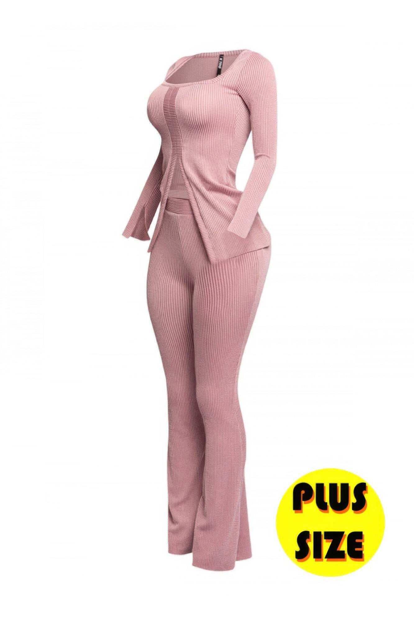 Plus Size Ribbed Pant Set With Slit Detail - LLR Chic