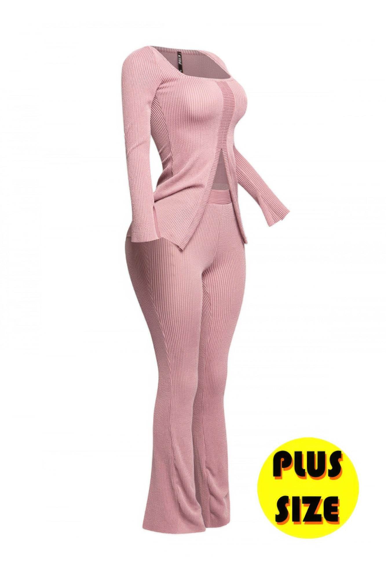 Plus Size Ribbed Pant Set With Slit Detail - LLR Chic