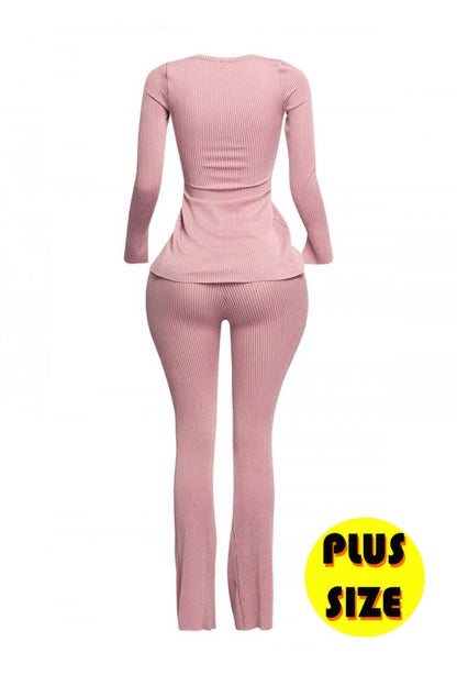 Plus Size Ribbed Pant Set With Slit Detail - LLR Chic