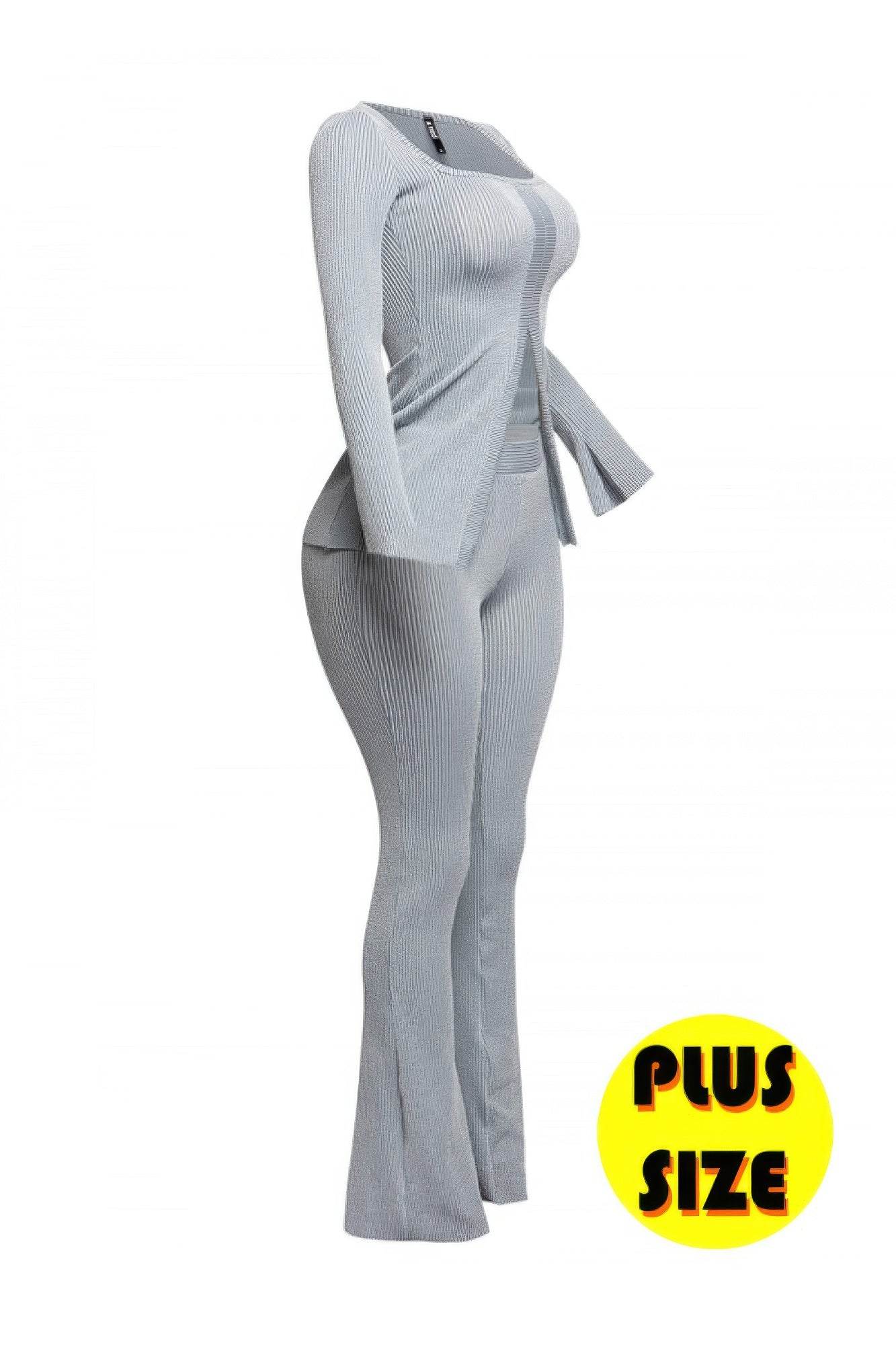 Plus Size Ribbed Pant Set With Slit Detail - LLR Chic