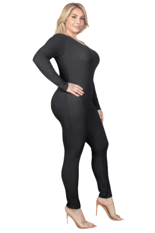 Plus Size Ribbed Scoop Neck Long Sleeve Jumpsuit