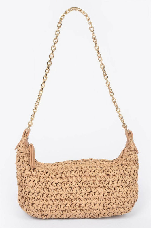 Faux Straw Zip Chain Shoulder Clutch - LLR Chic