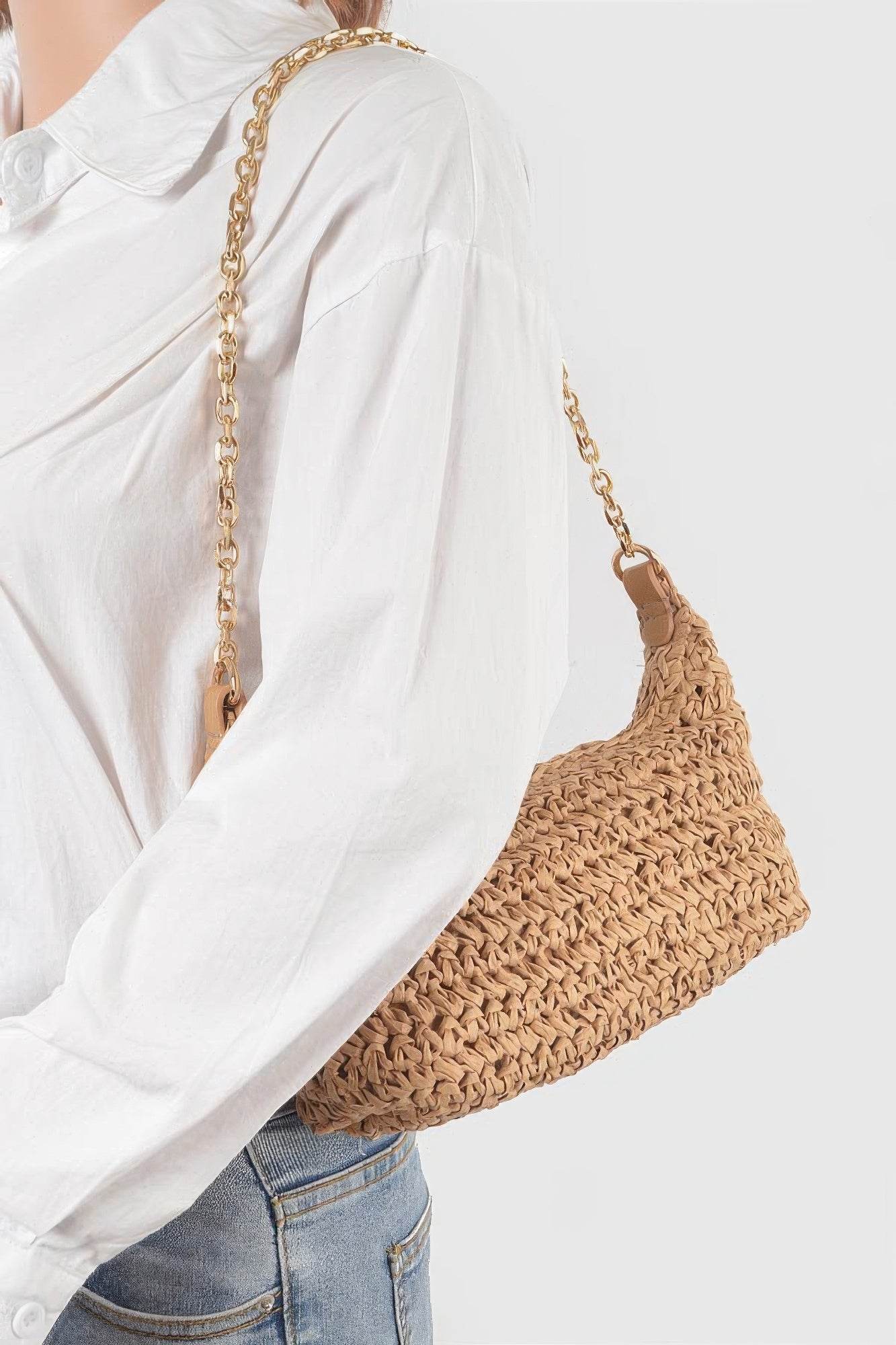 Faux Straw Zip Chain Shoulder Clutch - LLR Chic