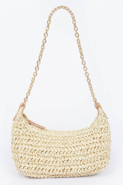 Faux Straw Zip Chain Shoulder Clutch - LLR Chic
