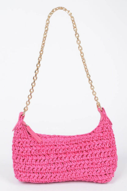 Faux Straw Zip Chain Shoulder Clutch - LLR Chic
