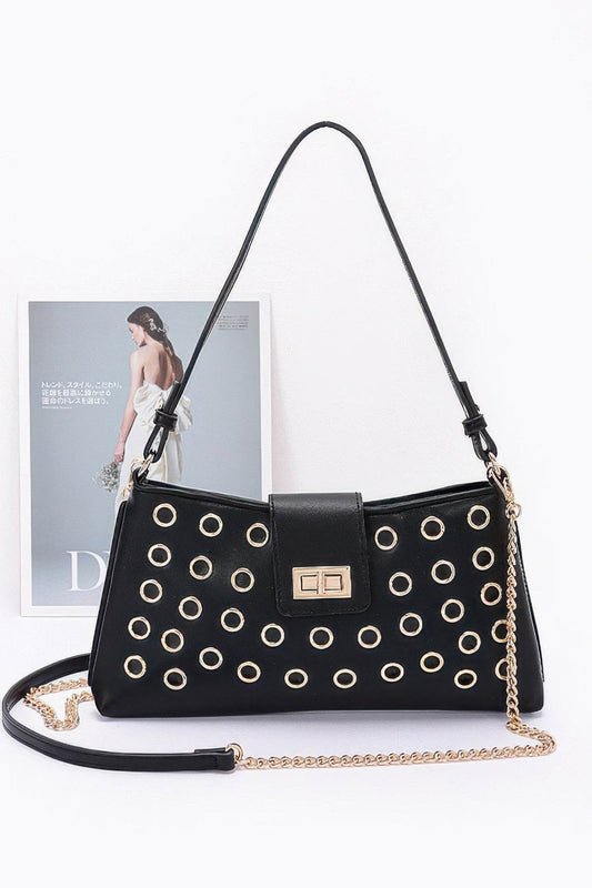 Faux Leather Eyelet Studded Shoulder Bag - LLR Chic