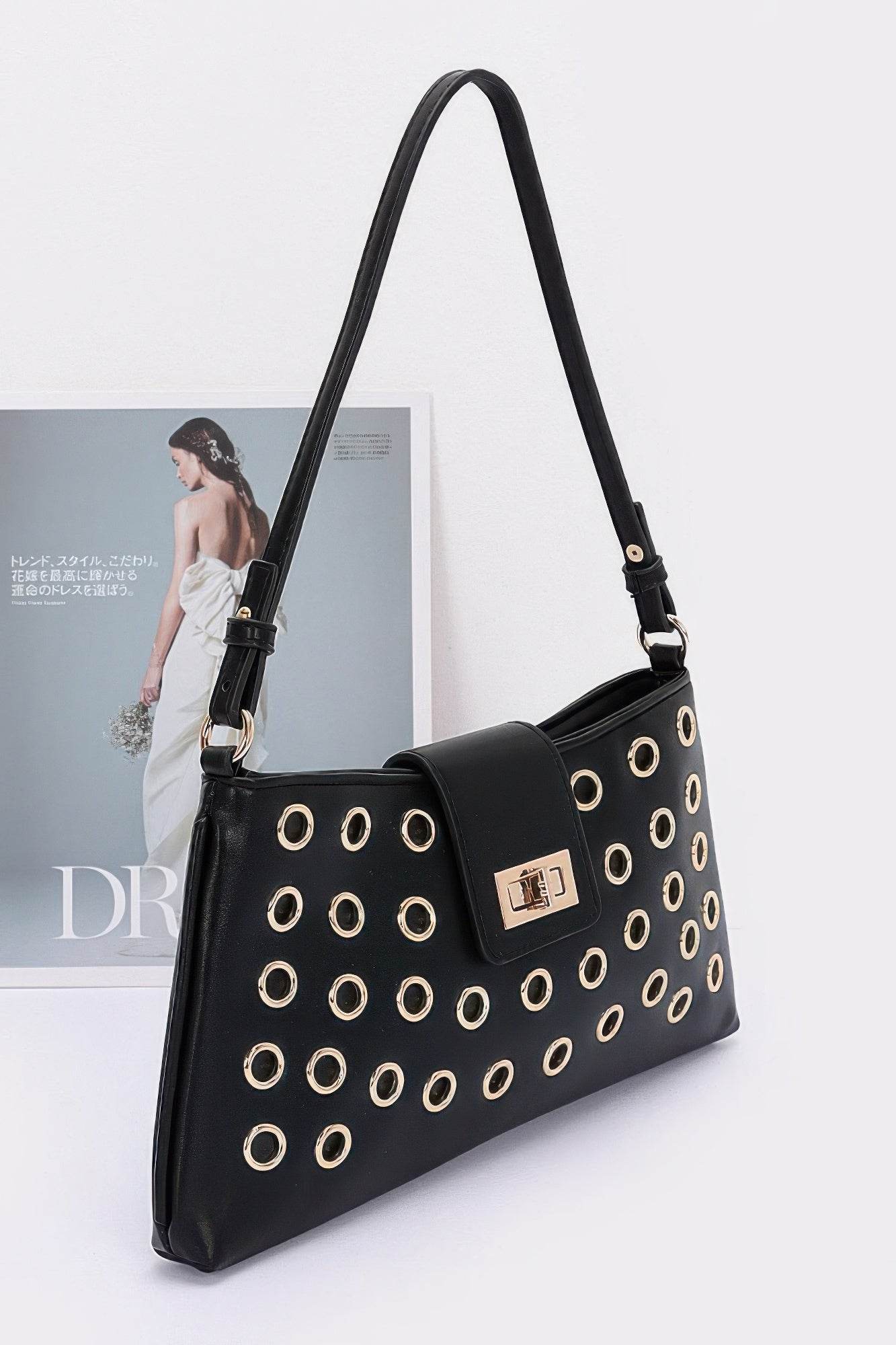 Faux Leather Eyelet Studded Shoulder Bag - LLR Chic