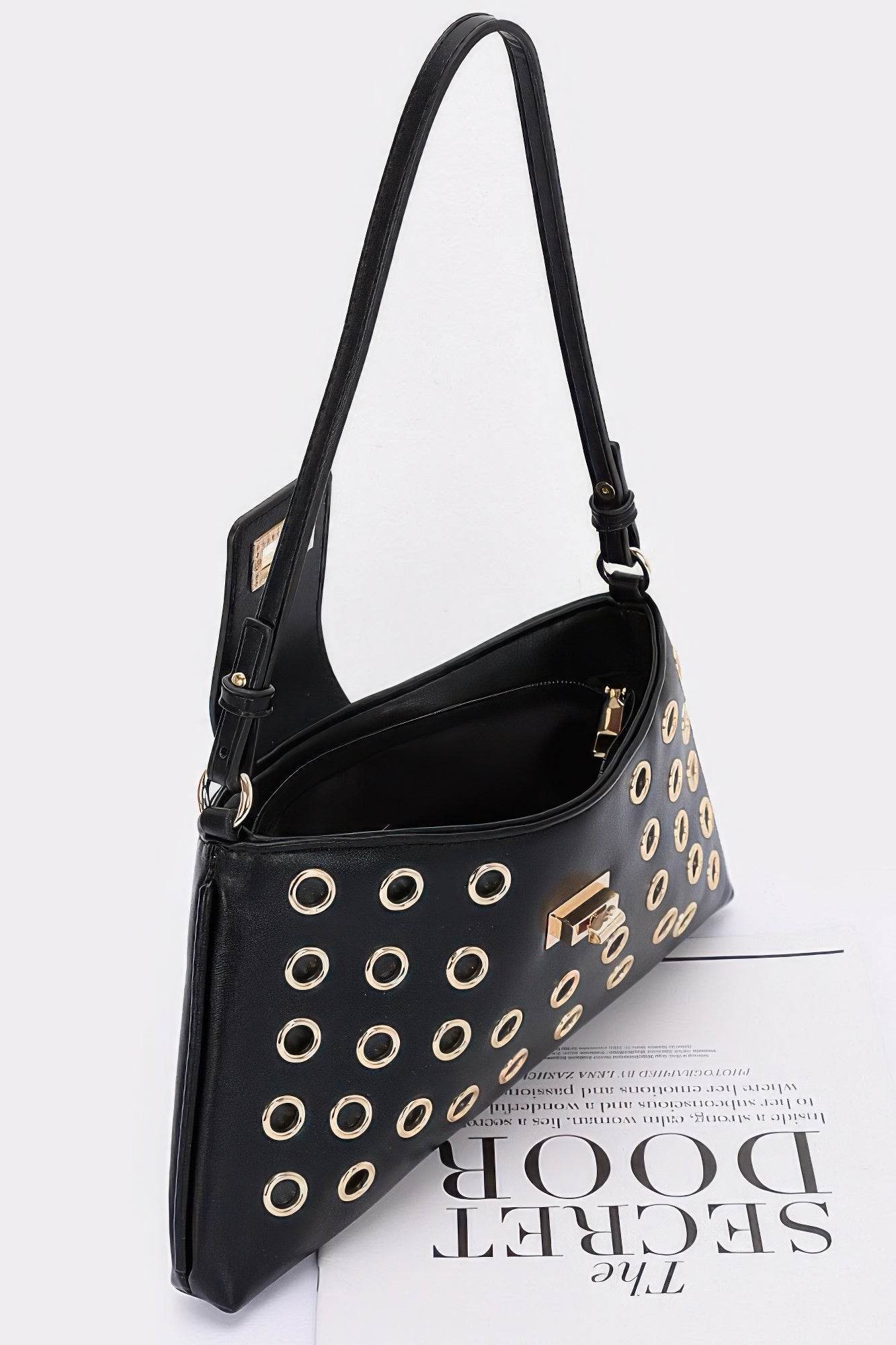 Faux Leather Eyelet Studded Shoulder Bag - LLR Chic