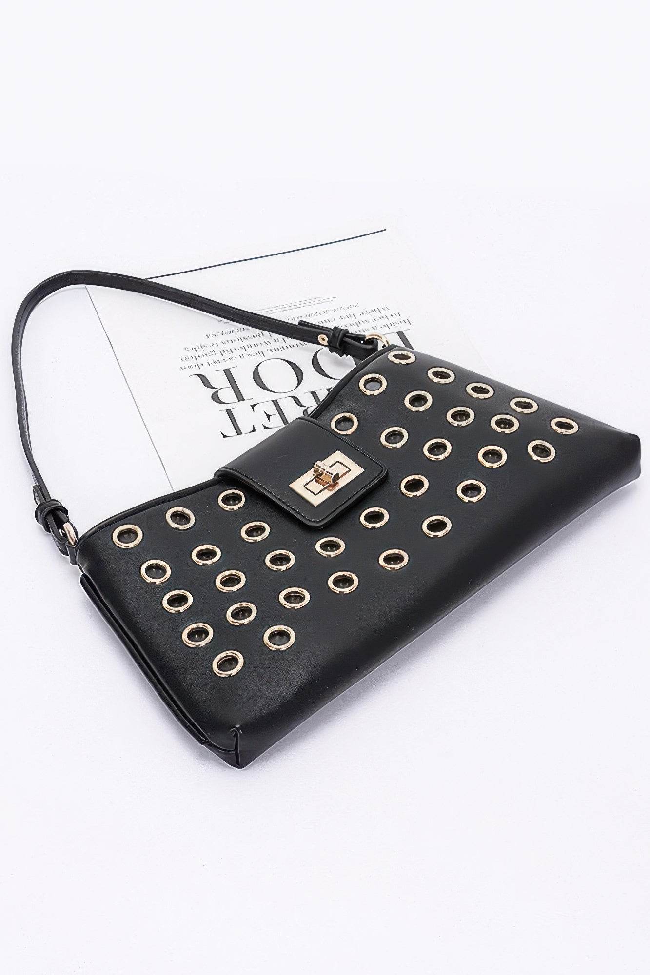 Faux Leather Eyelet Studded Shoulder Bag - LLR Chic