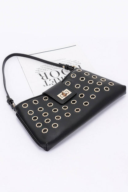 Faux Leather Eyelet Studded Shoulder Bag - LLR Chic