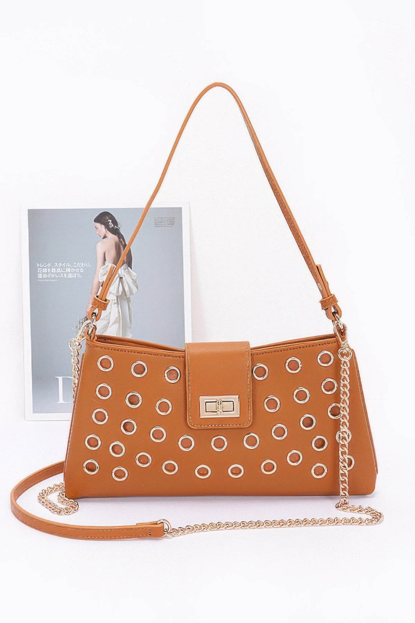Faux Leather Eyelet Studded Shoulder Bag - LLR Chic