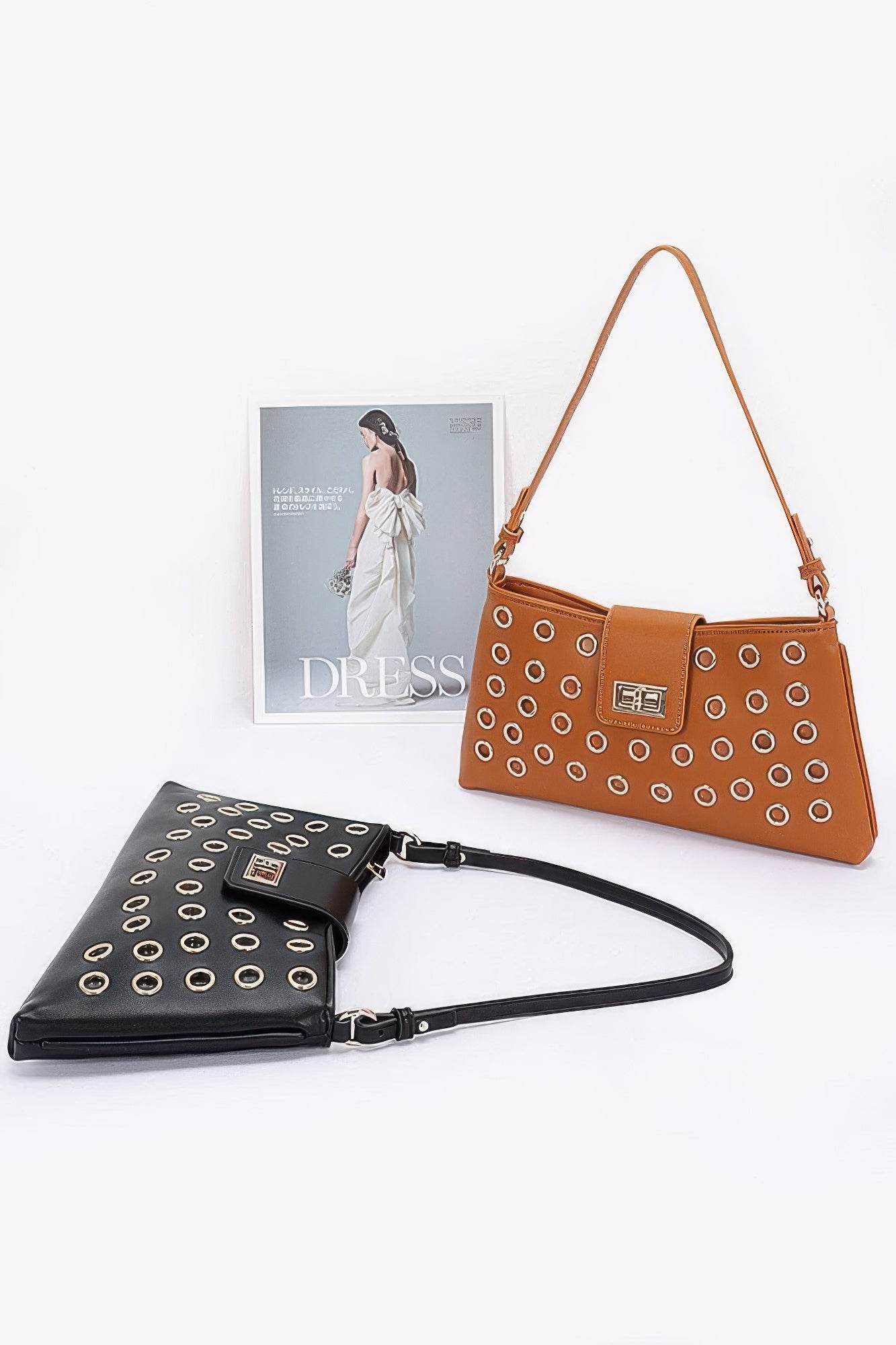 Faux Leather Eyelet Studded Shoulder Bag - LLR Chic