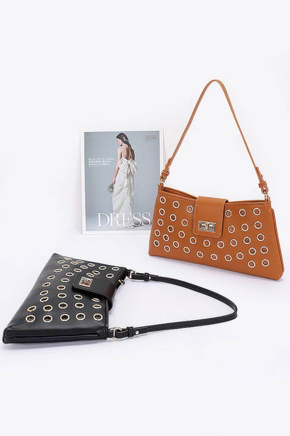 Faux Leather Eyelet Studded Shoulder Bag - LLR Chic