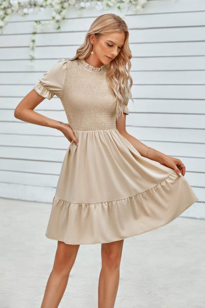 Solid Puff Sleeve Shirred Detail Ruffle Hem Dress - LLR Chic