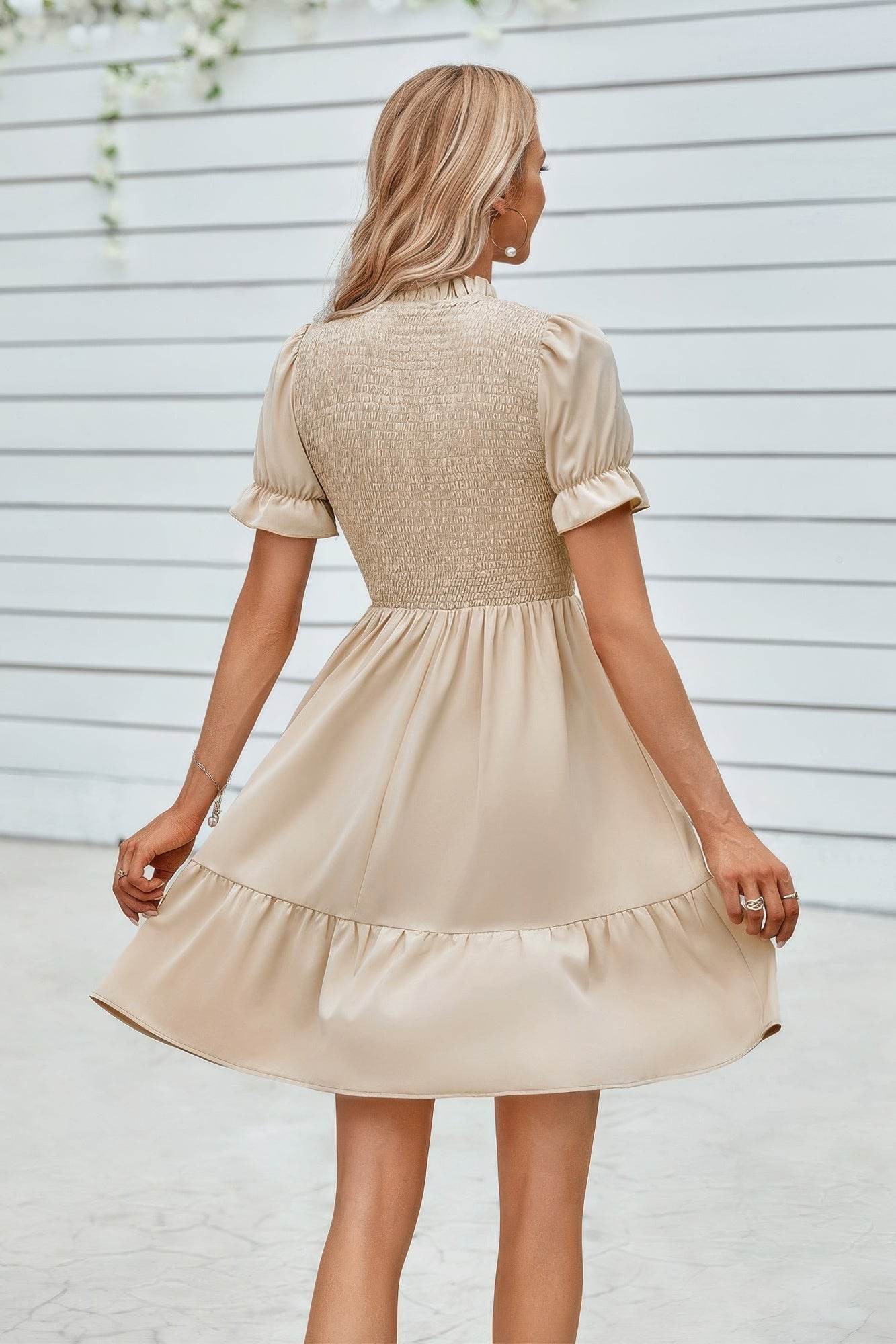 Solid Puff Sleeve Shirred Detail Ruffle Hem Dress - LLR Chic