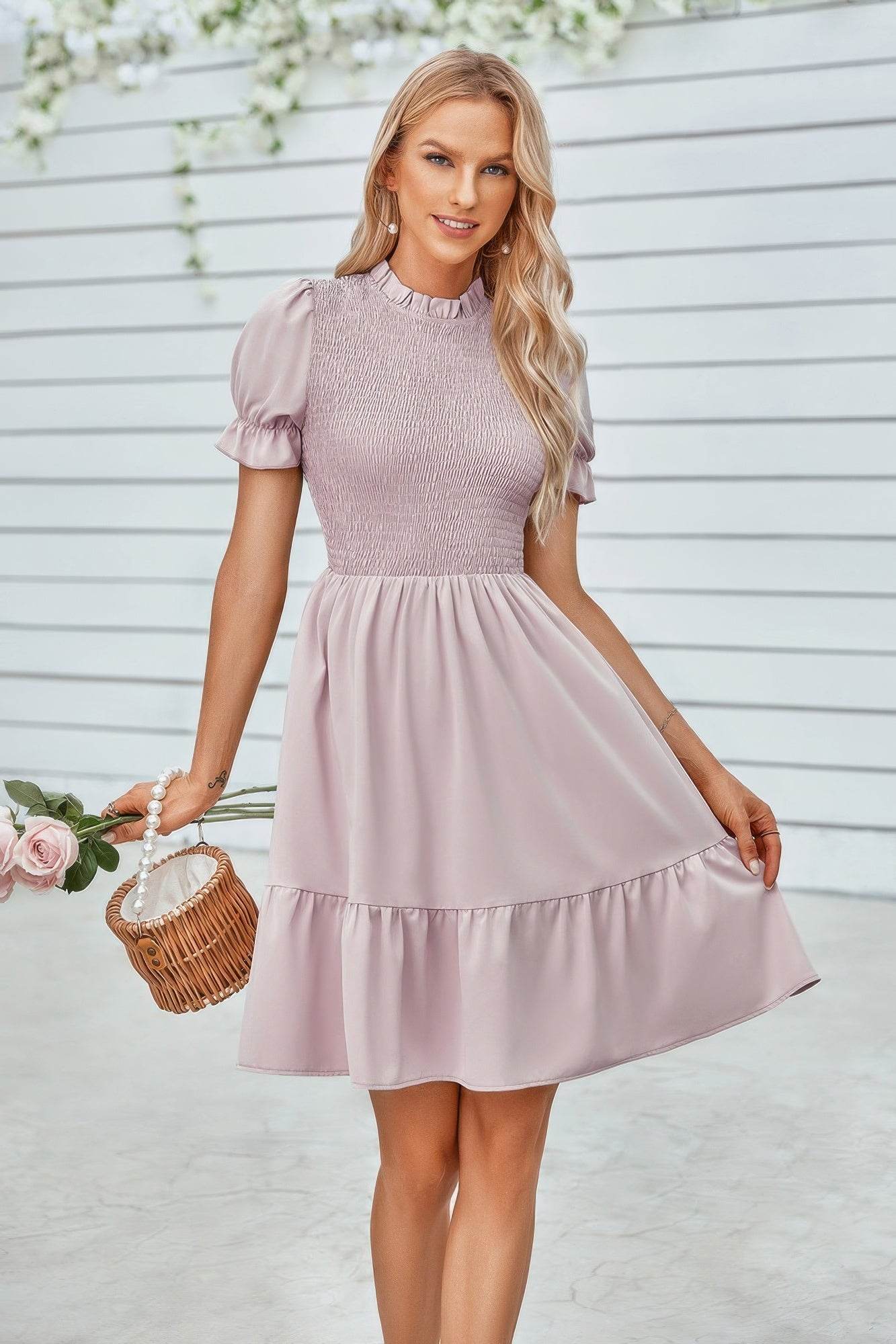 Solid Puff Sleeve Shirred Detail Ruffle Hem Dress - LLR Chic