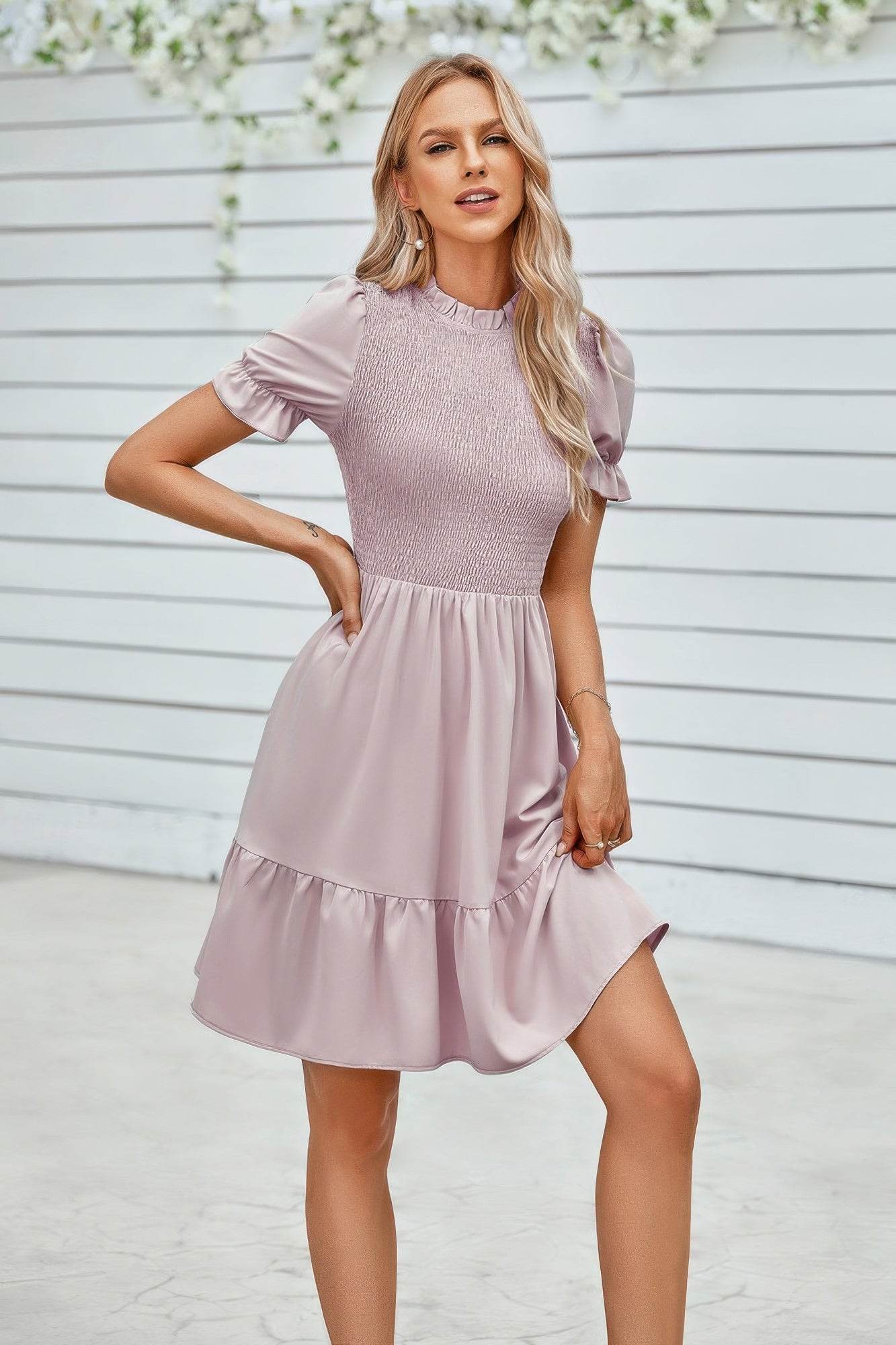 Solid Puff Sleeve Shirred Detail Ruffle Hem Dress - LLR Chic