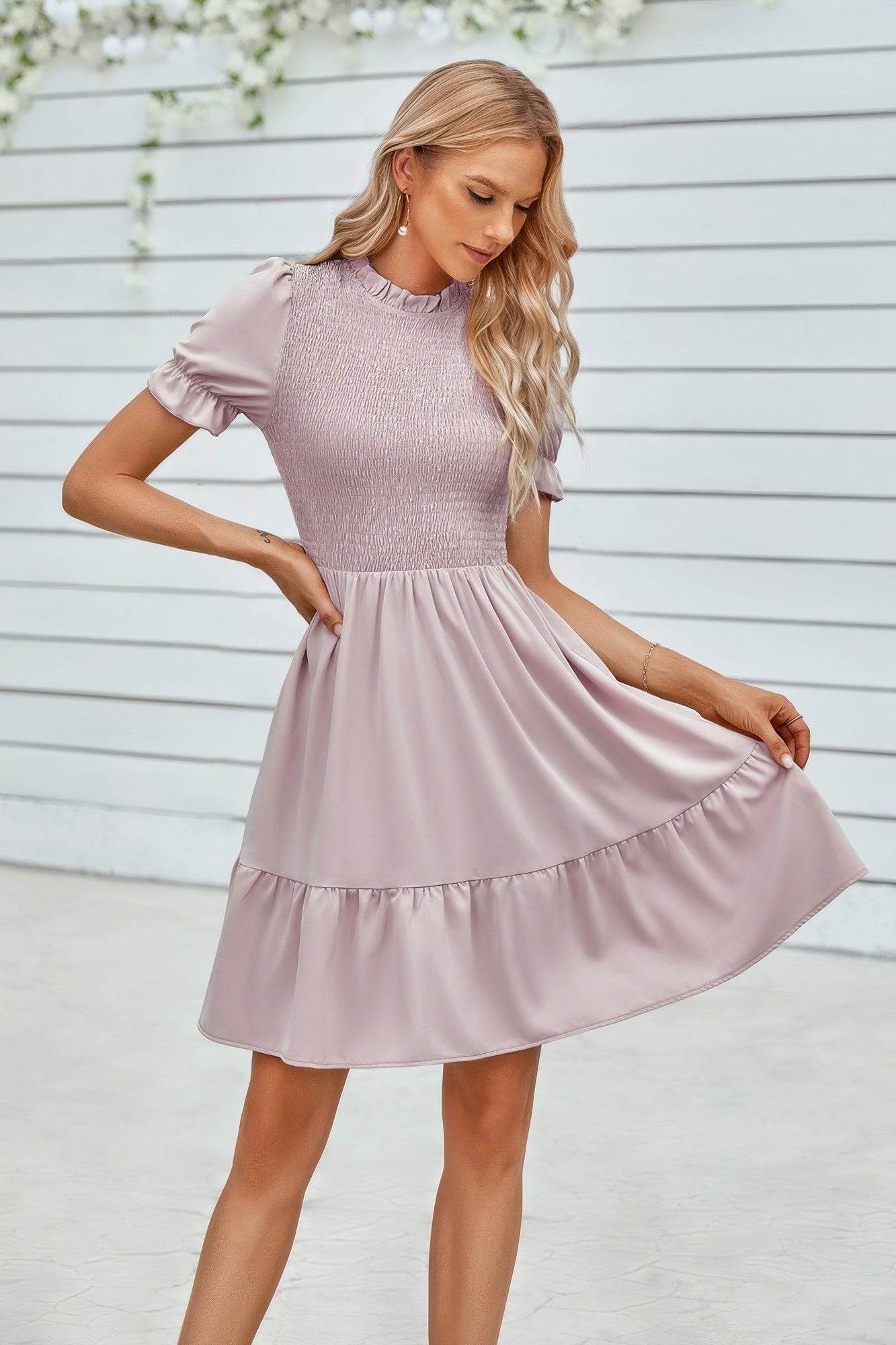 Solid Puff Sleeve Shirred Detail Ruffle Hem Dress - LLR Chic