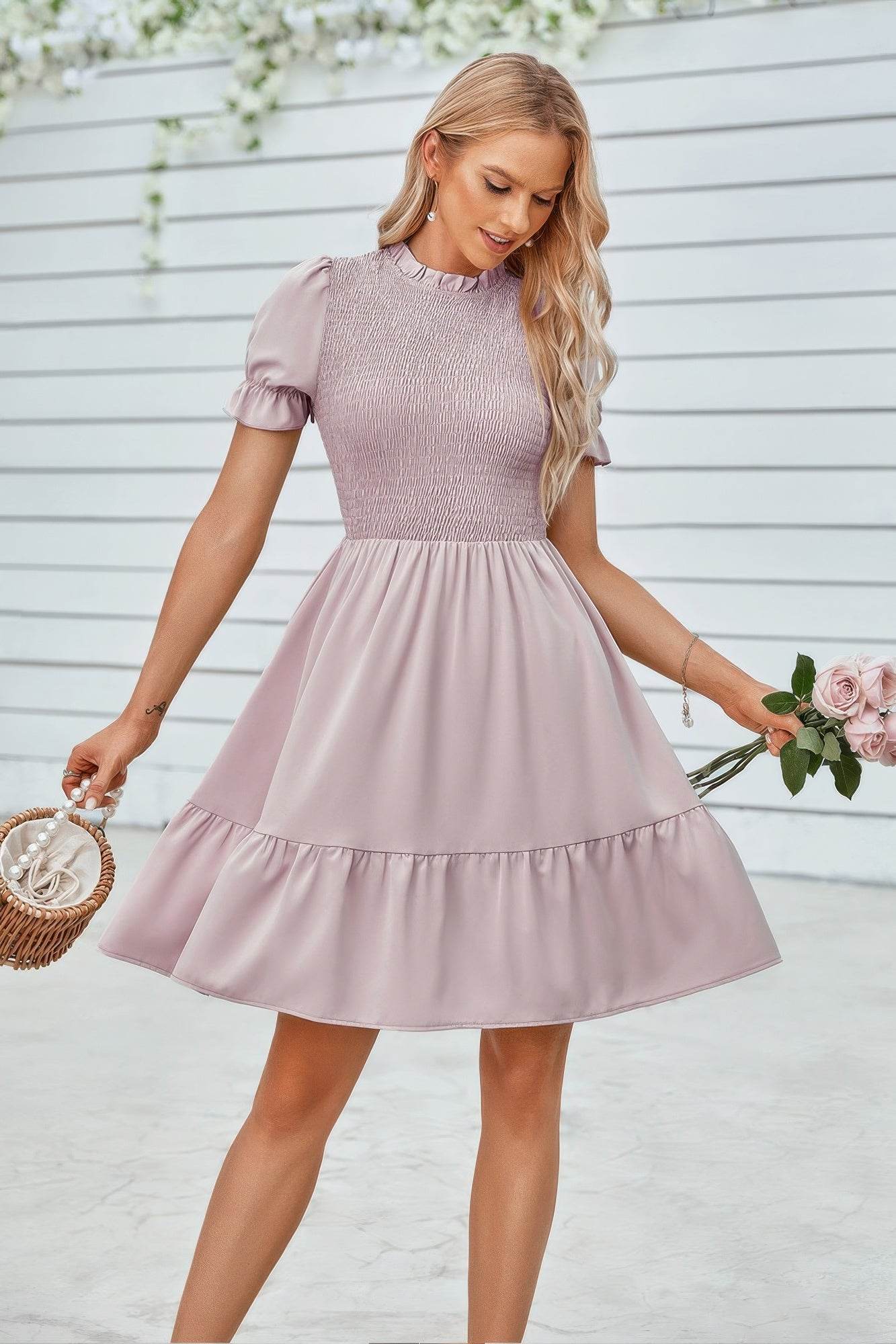 Solid Puff Sleeve Shirred Detail Ruffle Hem Dress - LLR Chic