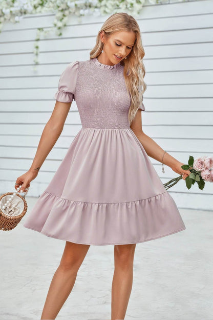 Solid Puff Sleeve Shirred Detail Ruffle Hem Dress - LLR Chic