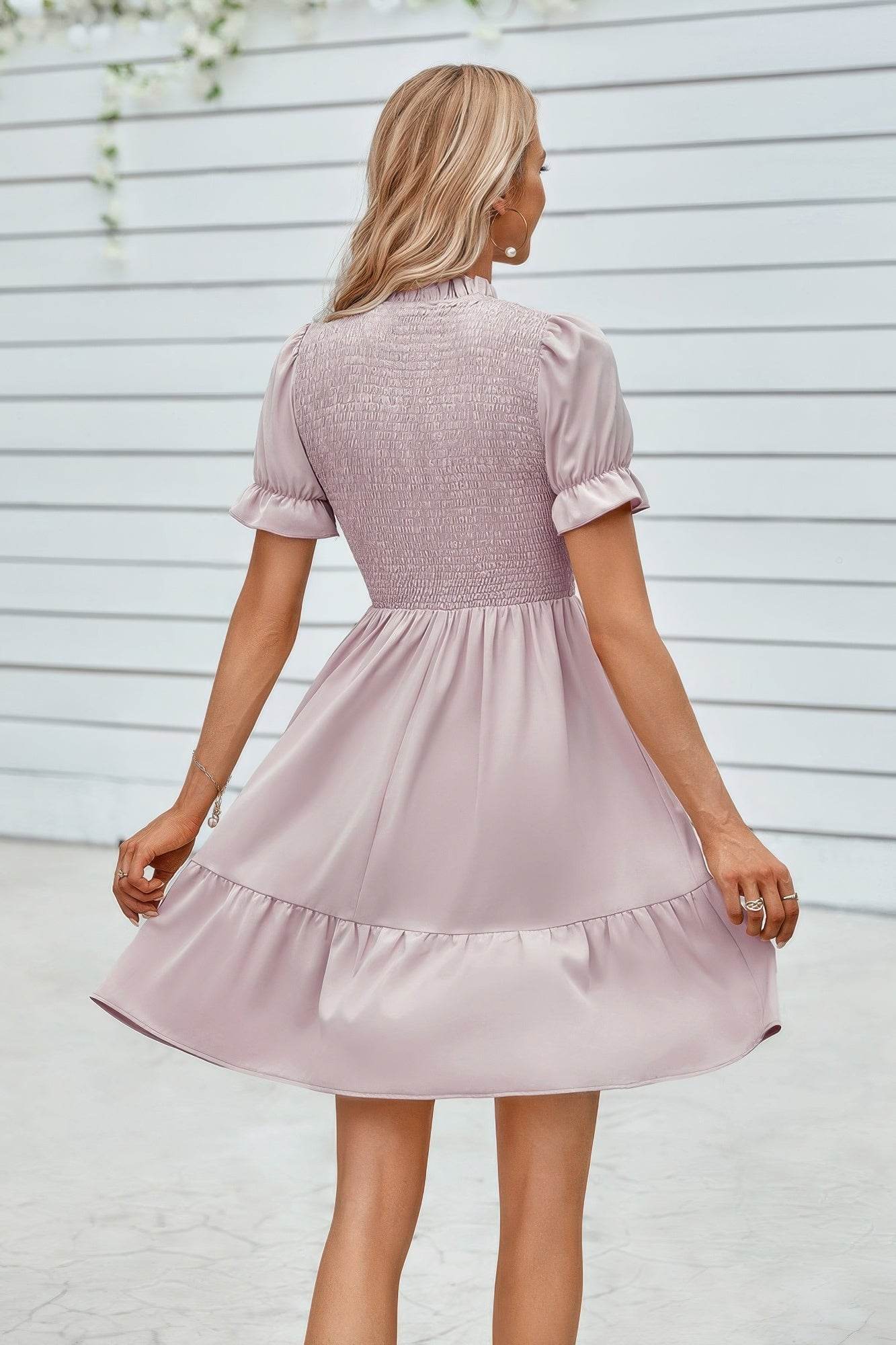 Solid Puff Sleeve Shirred Detail Ruffle Hem Dress - LLR Chic